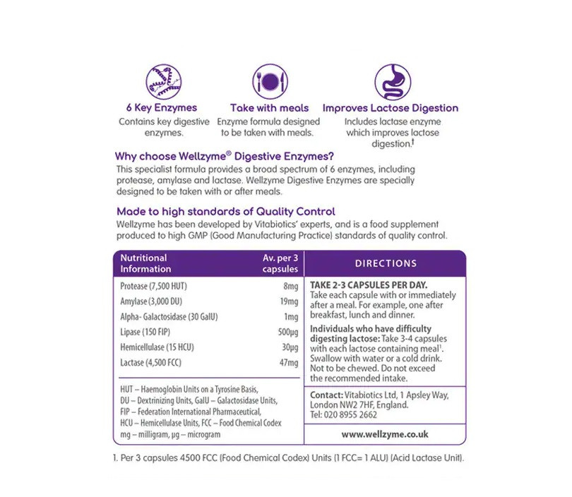 Vitabiotics Wellzyme Digestive Enzymes 6 Enzyme Advanced Formula - 60 Capsules