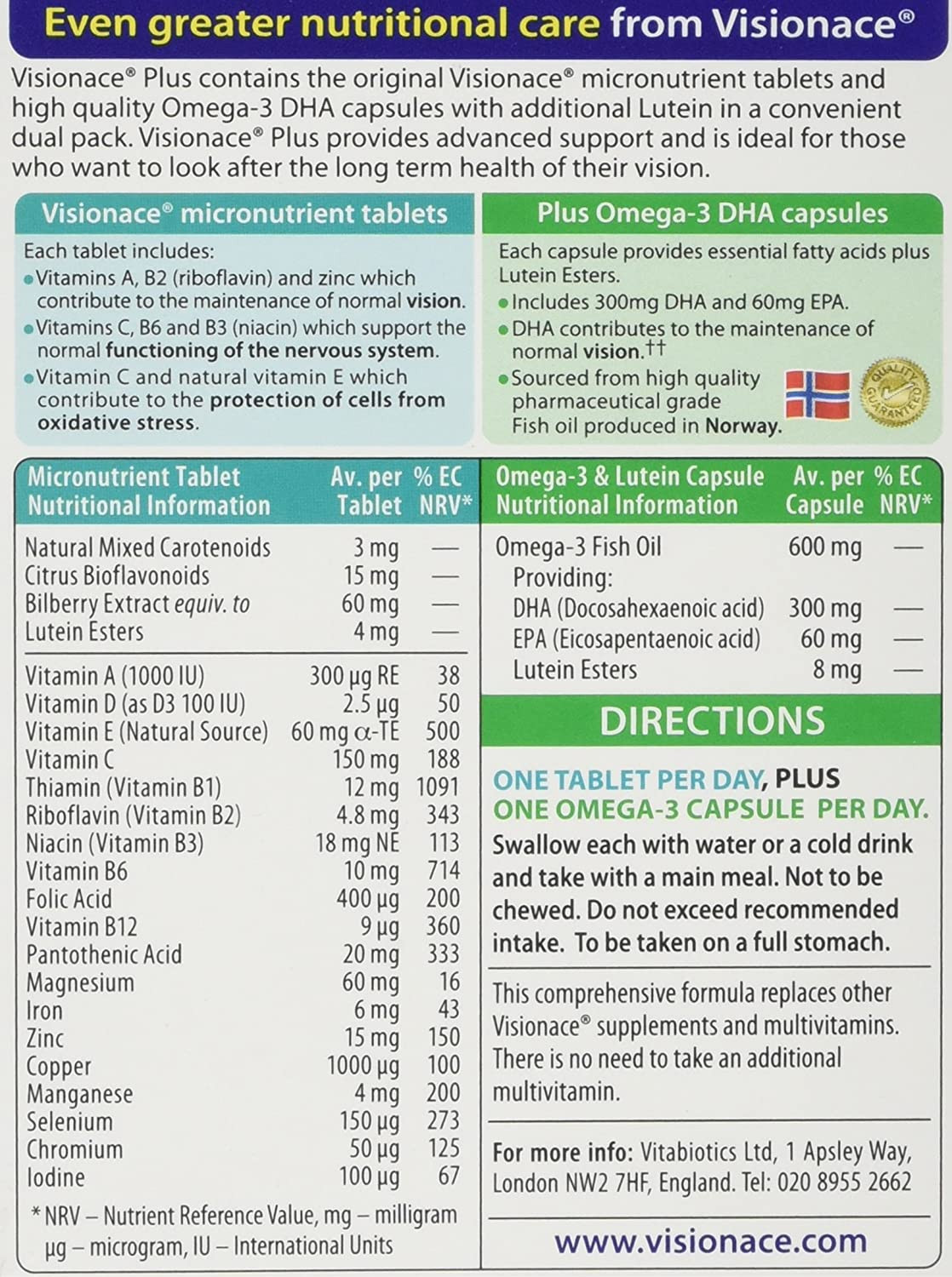 Vitabiotics Visionace Plus Omega 3 Dual Pack