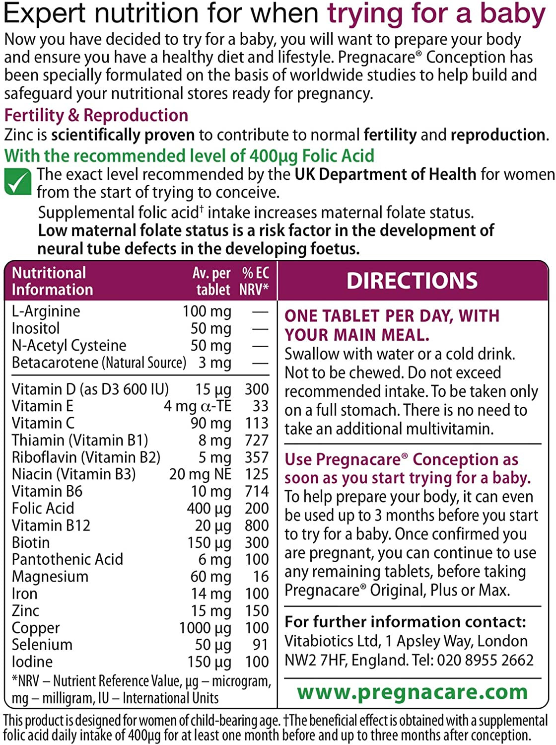 Vitabiotics Pregnacare Conception 30 Tablets