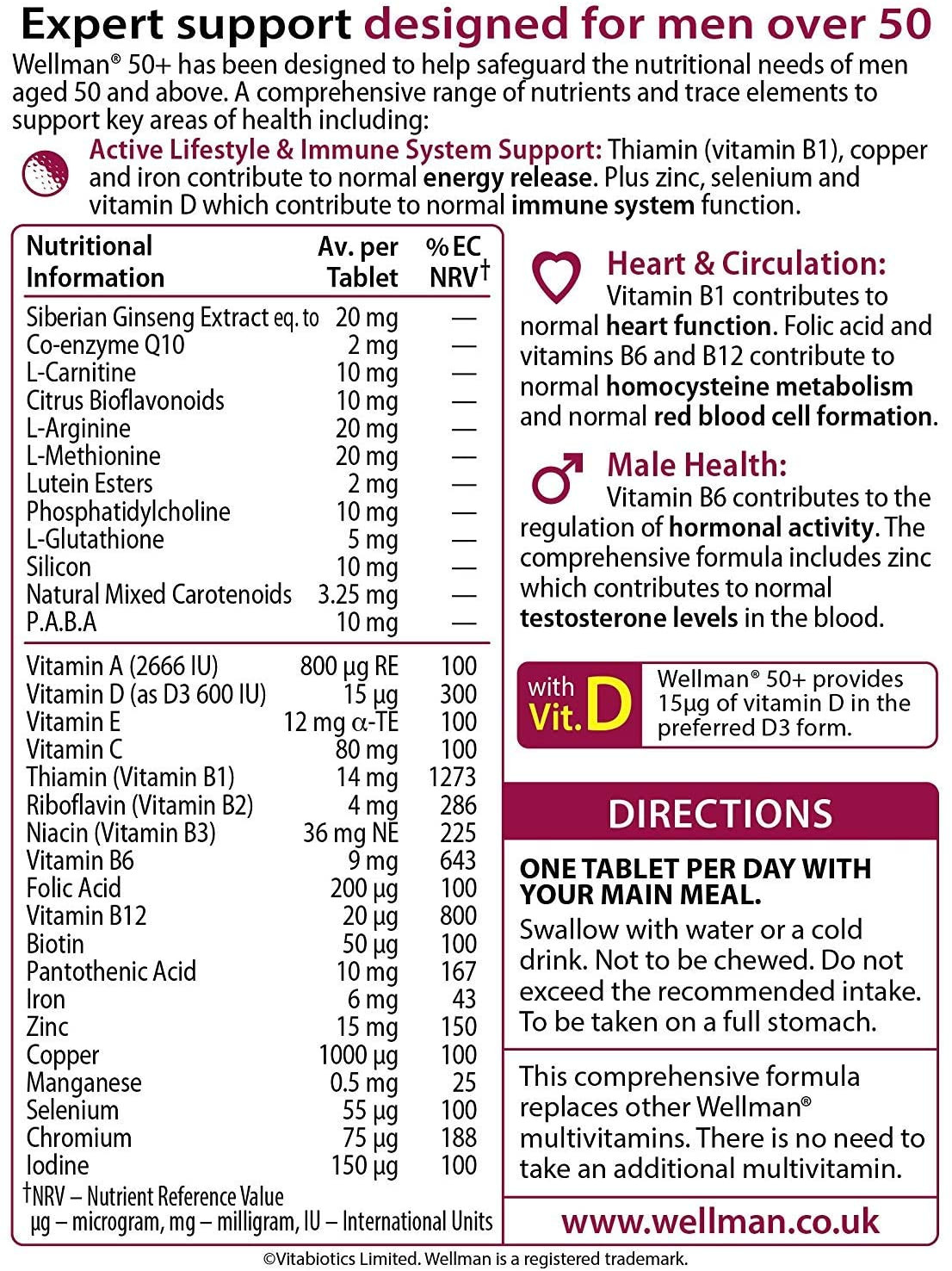 Vitabiotics Wellman 50+ 30 Tablets Health and Vitality