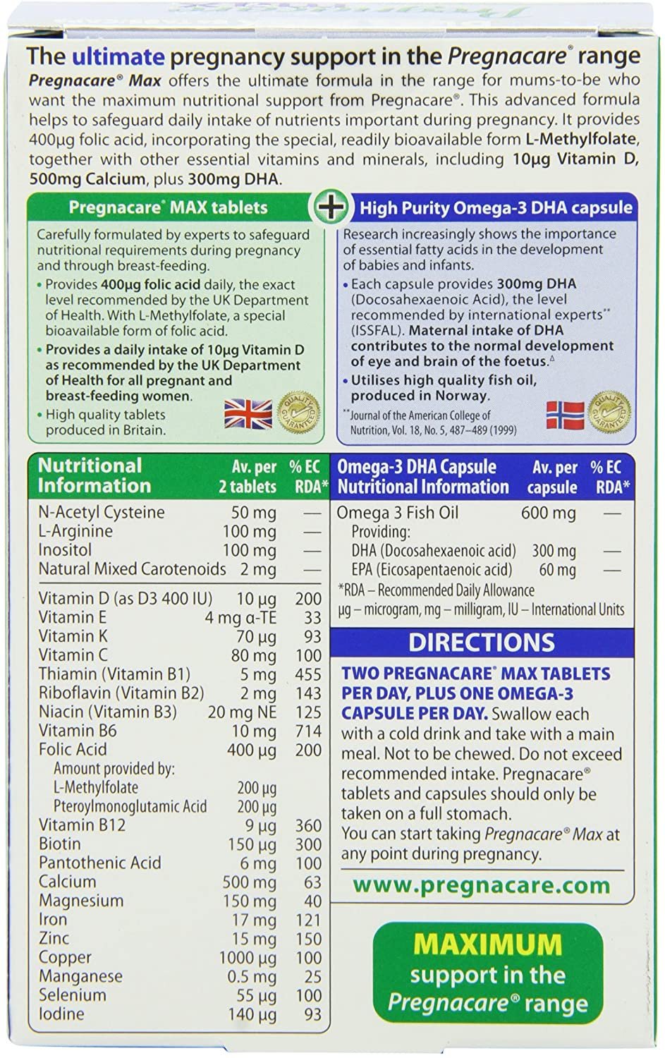 Vitabiotics Pregnacare Max Tablets Plus Omega 3