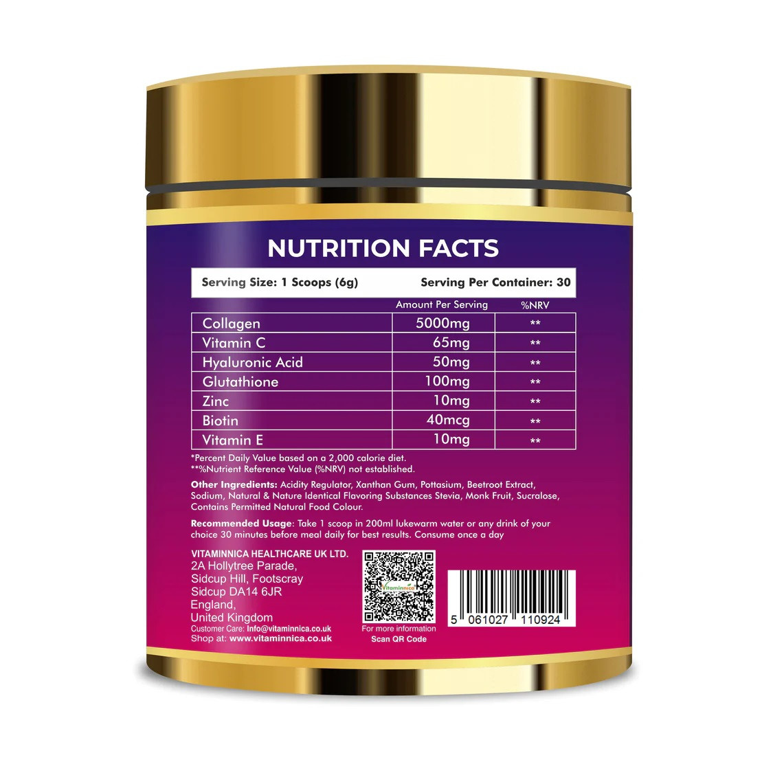 Vitaminnica Collagen Powder – Type I & III with Hyaluronic Acid, Glutathione & Vitamin C – 30 Servings