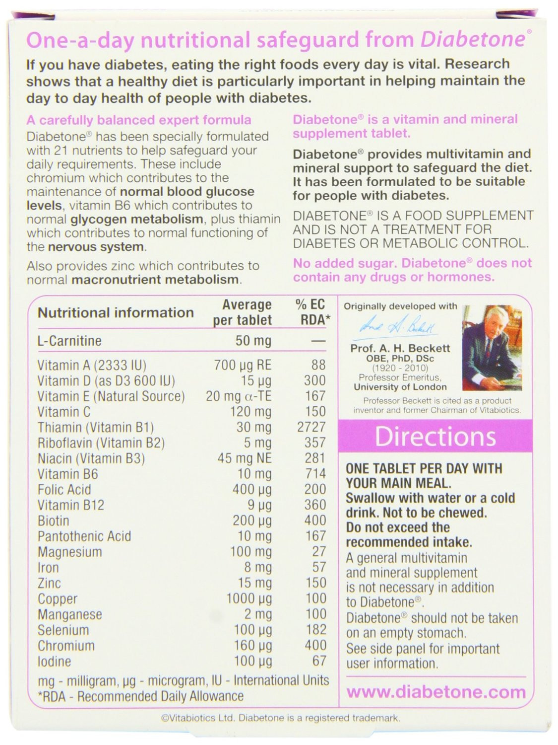Vitabiotics Diabetone Multivitamin Tablets Normal Blood Glucose Levels