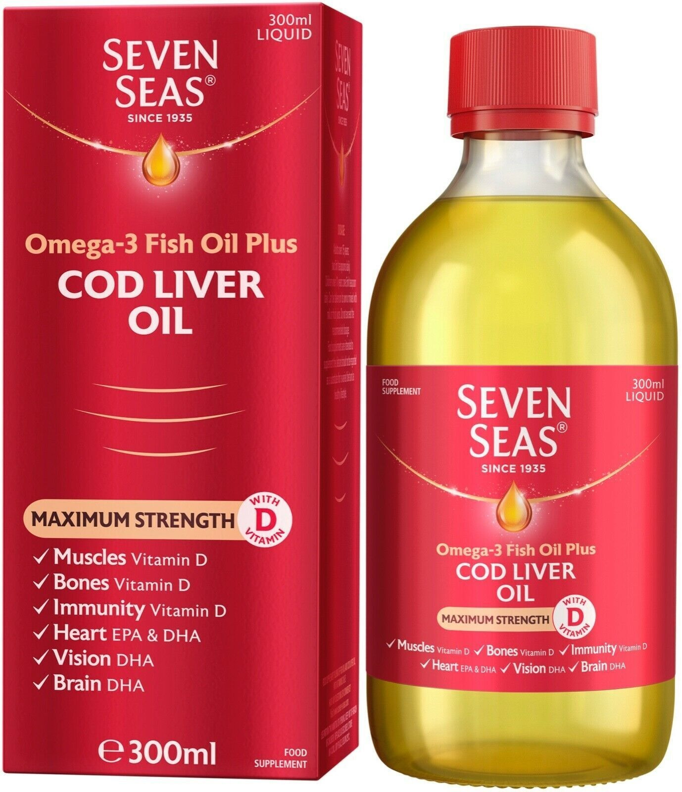 Seven Seas Omega-3 Fish Oil Plus Cod Liver Oil Maximum Strength 300ml